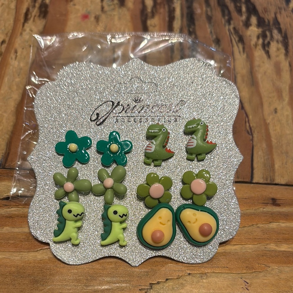 Green Dinosaur and Avocado Kids Earrings Set (6 Pairs)